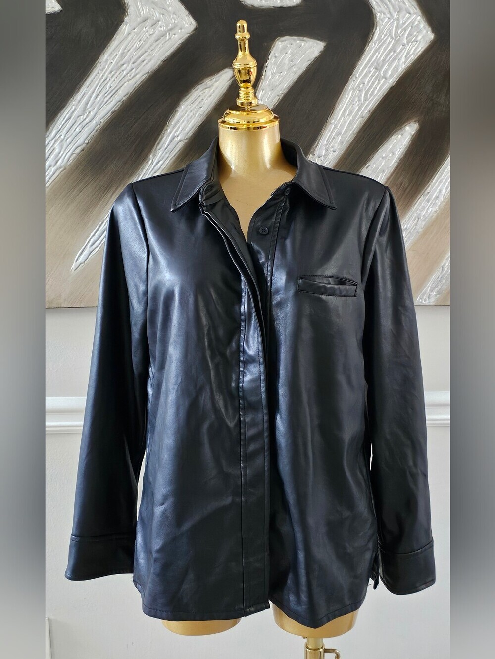 Bagatelle Collection Black Faux Leather Button Down Shirt Jacket Size Small